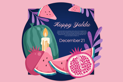 پوستر گرافیکی شب یلدا به همراه هندوانه و انار و شمع با زمینه صورتی